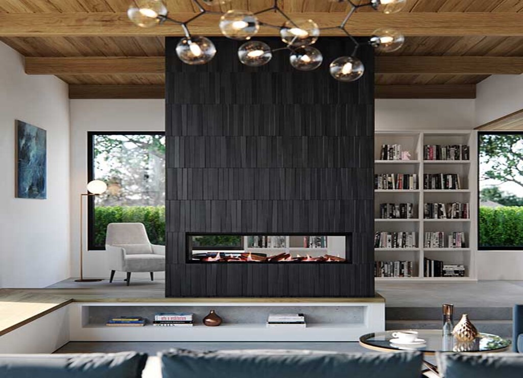 Real Flame Element 1200 DS Gas Fireplace installed in a modern living room beside a bookshelf wall, creating a warm and stylish atmosphere