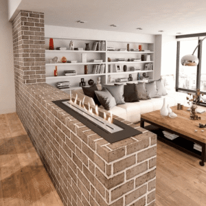 A living room with a rustic brick wall and a fireplace, showcasing a warm ambiance by The Log Fire Company
