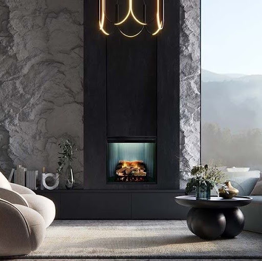 Modern electric fireplace showroom Melbourne with designer options in a stylish contemporary living space.
