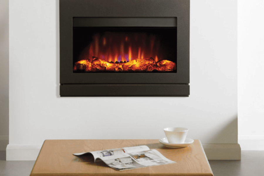 A modern electric fireplace beside a table with a steaming cup of coffee, creating a cosy atmosphere