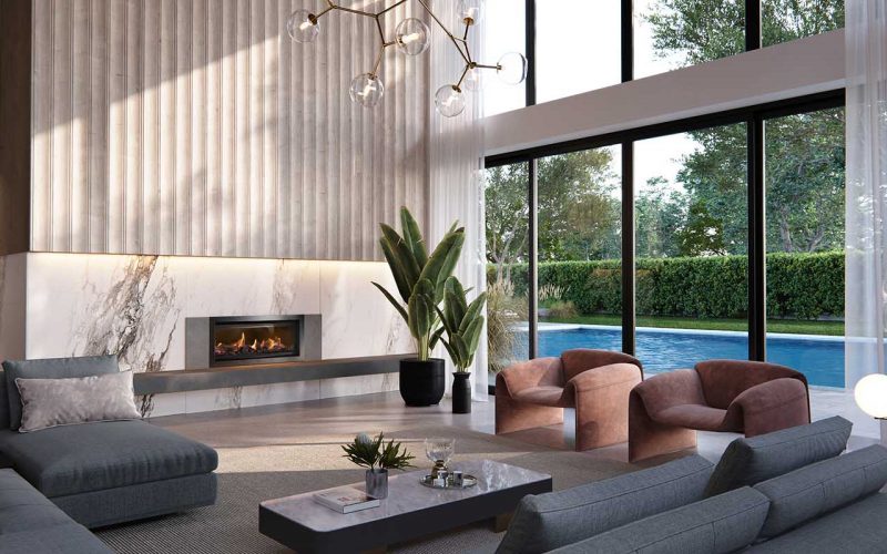 Stylish living room showcasing a Real Flame Element 900 gas fireplace and large windows that enhance the space's brightness