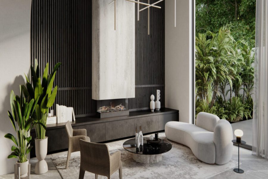 A Real Flame Nuvo 1200 gas fireplace installed in a modern living room with a large potted plant creating a cosy atmosphere