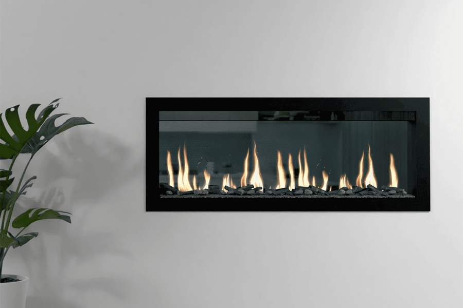 Sleek electric fireplace with a large flame, designed to add warmth, style, and comfort to modern living room interiors