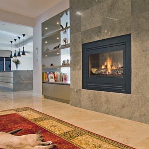 A Heat & Glo ST-HVBI fireplace warms a cosy living room with a cat resting nearby, one of the best gas log heaters for autumn