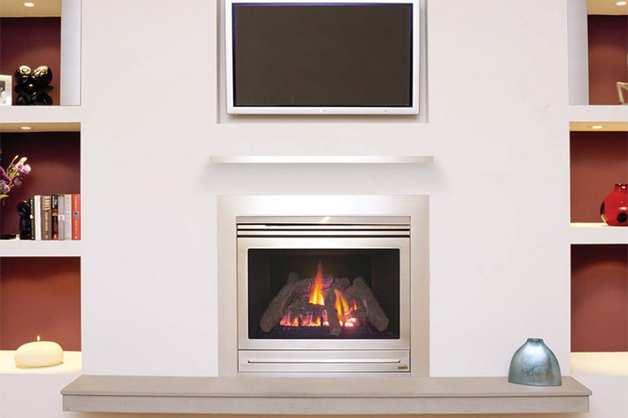 Modern Heat & Glo flue gas fireplace with shelves and a wall-mounted TV above, adding a sleek and cosy touch to the contemporary room
