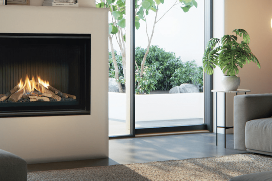 Stylish living room with a Real Flame Vektor 900 Gas Fireplace installed near a cosy couch, creating a warm and modern atmosphere