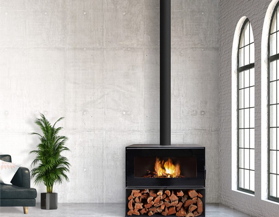 A stylish modern Visionline Taurus Wood Fire with stacked logs, adding warmth and elegance to a contemporary living room interior