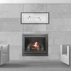 A sleek living room with a Heat n Glo 6x fireplace and stylish seating, featuring modern gas log fires for homes