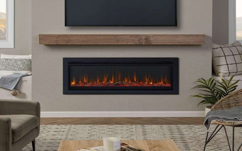 Real Flame 49-inch wall mount electric fireplace installed below a flat screen TV on a clean wall with a minimalist setup