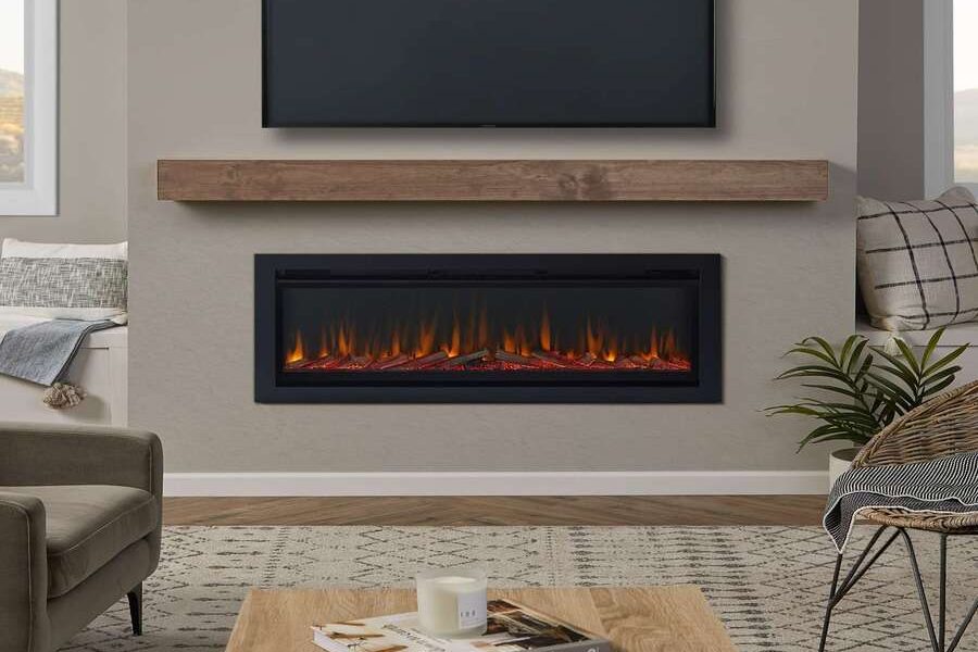 Real Flame 49-inch wall mount electric fireplace installed below a flat screen TV on a clean wall with a minimalist setup