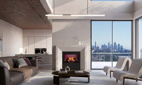 A living room with a Real Flame EVO fireplace and large windows, creating a bright and inviting atmosphere