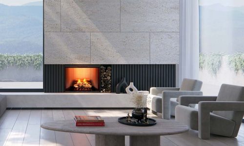 A modern living room with a Real Flame Evo electric fireplace and a stylish couch, creating a cozy atmosphere