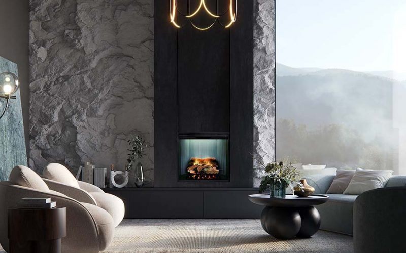 Cosy living room with a Real Flame EVO Electric Fire set against a large stone wall, adding warmth and inviting ambiance