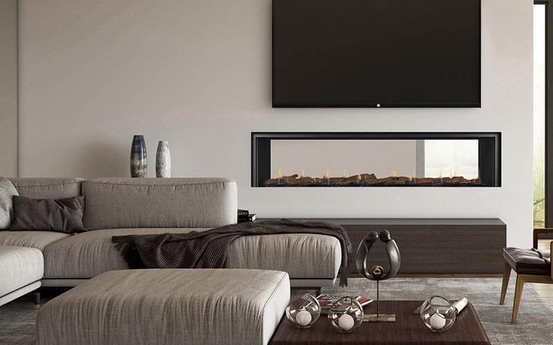 A living room with a Real Flame Element 1800 DS Gas Fire and a large television on the wall