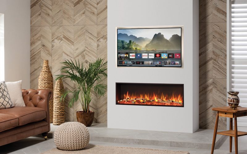 A cosy living room with a Regency Studio ES105 electric fireplace beneath a wall-mounted TV, creating a warm, inviting ambiance