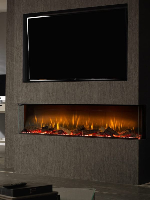 A Real Flame Vivente fireplace with a sleek design and a flat screen television mounted above, creating a warm, inviting space